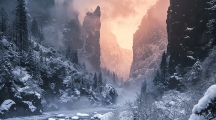 Majestic landscape of rugged lands valley in winter with snow. - obrazy, fototapety, plakaty