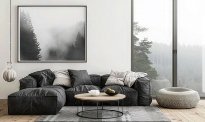 Round Tea table against black sofa with pillows. Home interior design with forest view and forest poster view. Interior with papasan chair and sofa, farmhouse. 