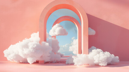 Surreal Pink Portal to Serenity - Fluffy White Clouds Drifting Through a Pastel Archway Against a Soft Sky