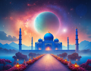 illustration of mosque building month of Ramadan, Eid al-Fitr, New Year Muharram Symbol of Islamic religion with Mosque Dome, silhouette of the Crescent Moon in the dark red sky and twilight at night  - obrazy, fototapety, plakaty