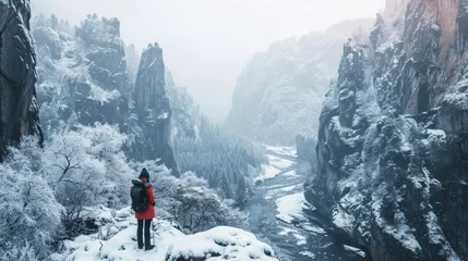 Fotobehang Hiker hiking in winter in rugged lands with snow. © Joyce