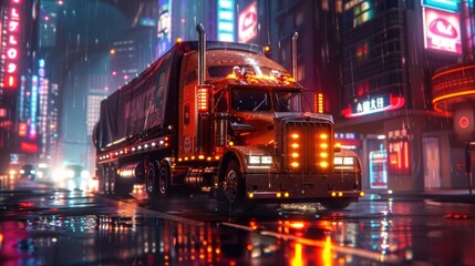 Fototapeta na wymiar Futuristic Haul Trucks Harness Quantum Computing for Real-Time Cargo Optimization in a Congested Cityscape