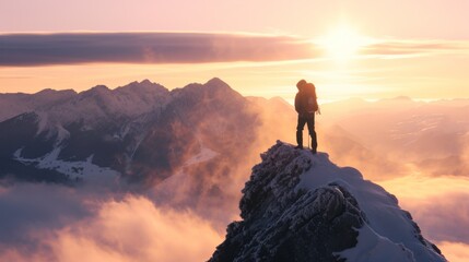 Fototapeta premium Hiker standing on tip of mountain top in winter in rugged lands with snow and majestic view.