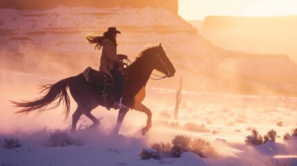 Cowgirl on horseback in wild rugged field in winter with snow.