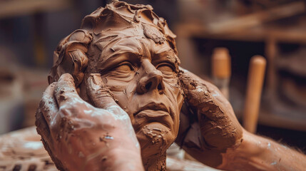 Hands of a sculptor sculpting a clay figure
