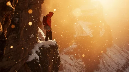 Gordijnen A rock climber climb a cliff in Grand Canyon with snow in winter. © Joyce