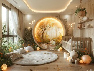 Fairy-tale inspired nursery with enchanted forest wallpaper and soft