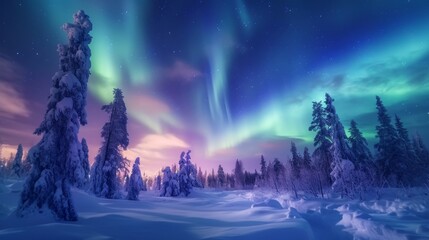 Beautiful aurora northern lights in night sky with snow forest in winter.