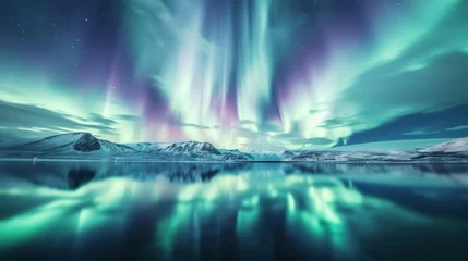 Poster Beautiful aurora northern lights in night sky with lake snow forest in winter. © Joyce