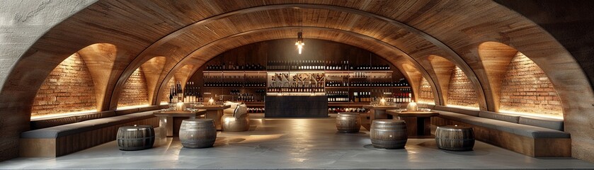 Underground wine cellar with vaulted ceilings and tasting tables3D render. - obrazy, fototapety, plakaty