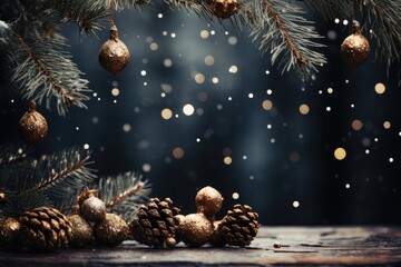 Bokeh Christmas Effect Background with pine branches, cones