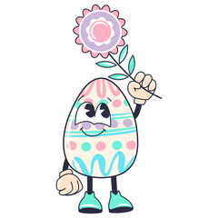 Cartoon happy Easter Groovy egg character with flower Holiday personage isolated on white background - 757965474