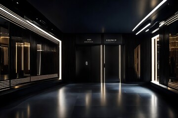 A sleek black door at a high-end clothes boutique, which opens to a futuristic runway showing the latest designs