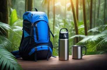 Blue backpack, thermos and metal mug on jungle background - 757965849