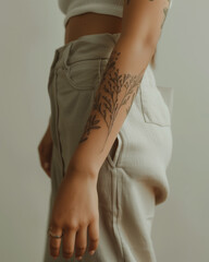 woman with an arm tattoo of minimalist lines