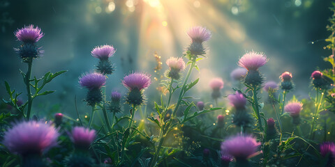 Purple flowers greener leas sun setting beautiful garden  naturel background. - obrazy, fototapety, plakaty