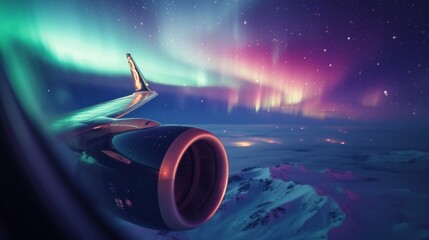 An airplane flying in sky with beautiful aurora northern lights in night sky in winter.