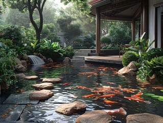 Tranquil koi pond with a surrounding sitting area and lush landscaping3D render - obrazy, fototapety, plakaty