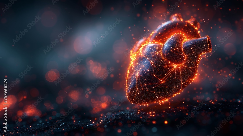 Leinwandbilder an abstract heartbeat 3d wave on a dark background with dots, lines, and polygons. a sound modern ne