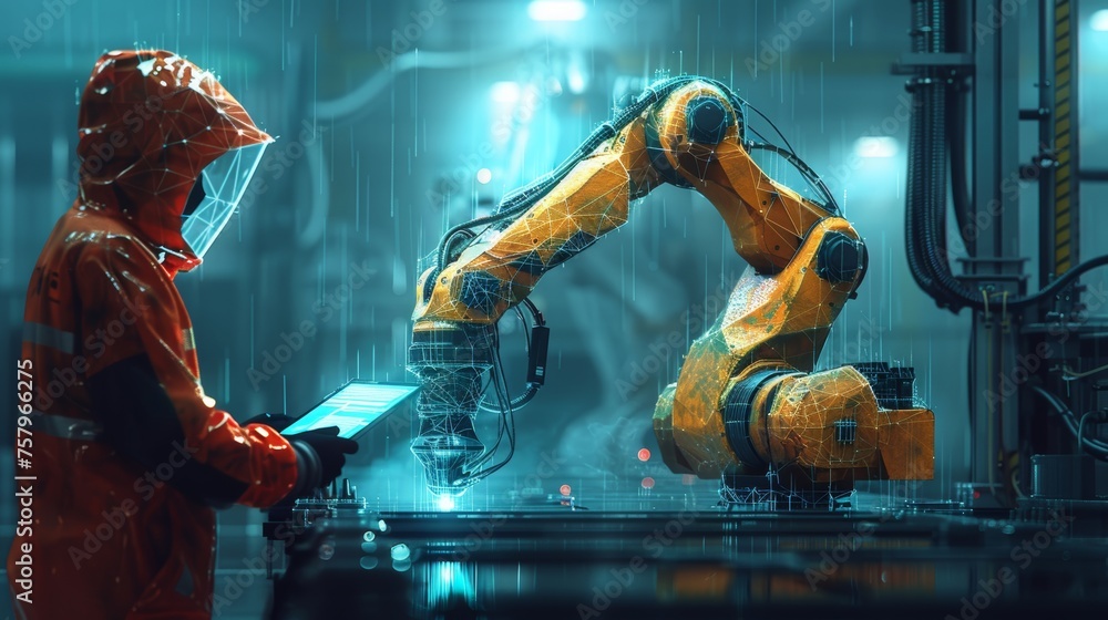 Aufkleber the abstract polygonal engineer holds the tablet and controls the robotic arm and tool. smart techno