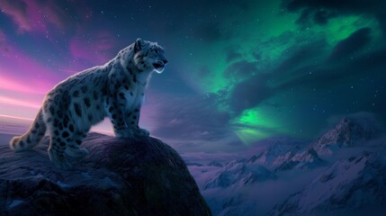 Snow leopard in wild snow field with beautiful aurora northern lights in night sky with snow forest in winter.