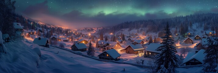City lights with beautiful aurora northern lights in night sky with snow forest in winter. - obrazy, fototapety, plakaty