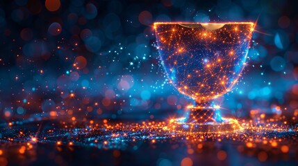 Concept of a champion cup in hand in the shape of a starry sky, defined by points, lines, and shapes in the form of planets, stars, and the universe. Modern business wireframe. - obrazy, fototapety, plakaty