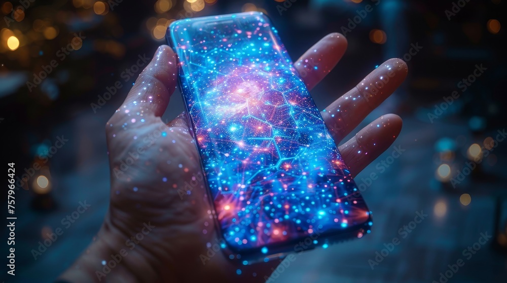 Fototapete low-poly wireframe modern illustration of an iphone in a hand. starry sky and cosmos style in blue c