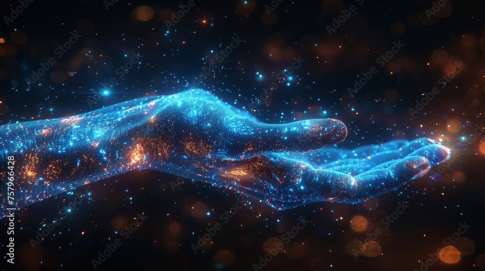 Poster robot arm and hand human. touch technological concept. low poly blue. polygonal abstract health illu