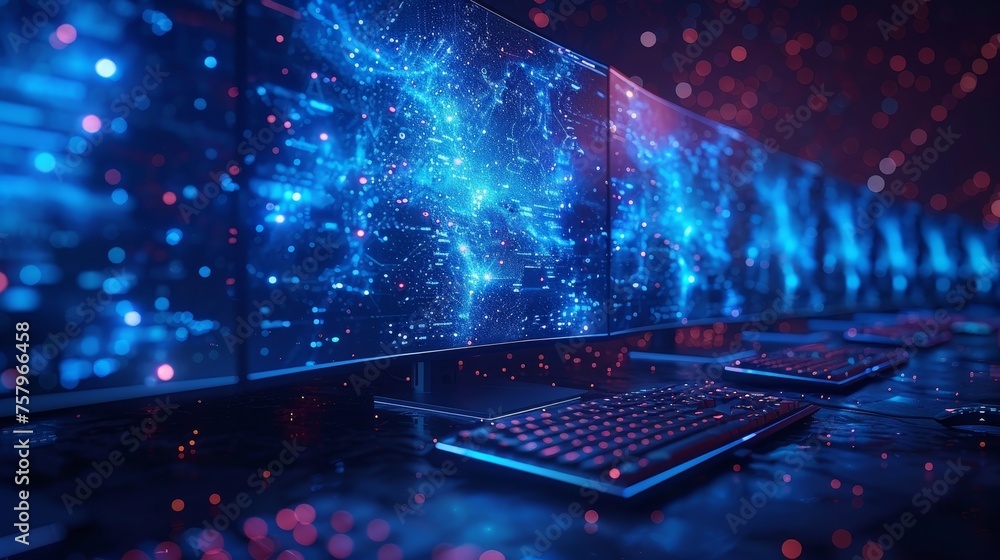 Poster A low-poly wireframe computer theme inspired by starry skies and cosmos. Blue abstract modern computerization theme in blue color. Polygonal devices theme.