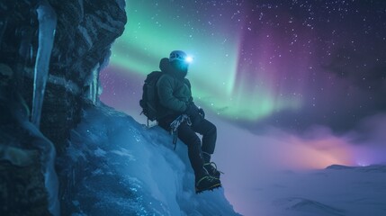 Hiker climb ice mountain in wild field with beautiful aurora northern lights in night sky in winter.