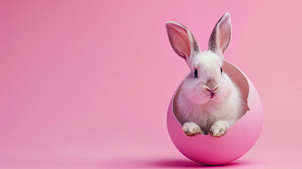easter bunny emerging from an easter egg on a pink background