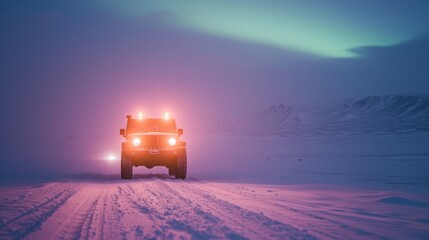 Sports car in snow field with beautiful aurora northern lights in night sky with snow forest in winter.