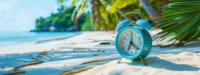 blue alarm clock on a tropical beach near the ocean and palm trees, rest time, vacation, travel - obrazy, fototapety, plakaty