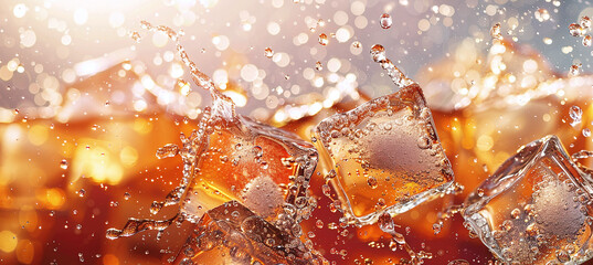Close-up of ice cubes in cola water. Texture of a carbonated drink with bubbles in the glass. Cola soda and ice splash, fizz or float to the surface. Cold drink background. - obrazy, fototapety, plakaty