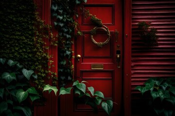 Vintage crimson door with a brass doorknob, framed by ivy-covered walls.  - obrazy, fototapety, plakaty