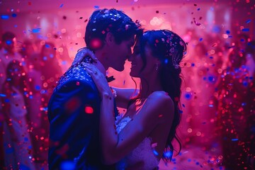 Bride and groom dancing in vibrant confetti shower at wedding celebration