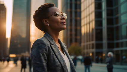 Happy wealthy rich successful black businesswoman standing in big city modern skyscrapers street on sunset thinking of successful vision, dreaming of new investment opportunities - obrazy, fototapety, plakaty