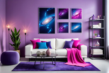 Vertical view of stylish living room with comfortable white couch with pink blanket and blue and purple pillows, galaxy graphics on the wall and metal shelves with accessories. Modern living room