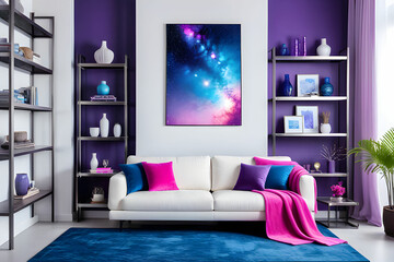 Vertical view of stylish living room with comfortable white couch with pink blanket and blue and purple pillows, galaxy graphics on the wall and metal shelves with accessories