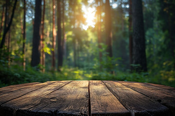 The empty wooden round table top with blur background of boreal forest