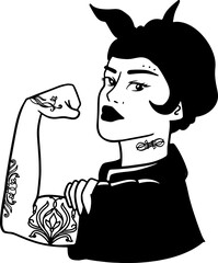 Retro Feminist Tattoo Design Strong Woman with Inked Arms