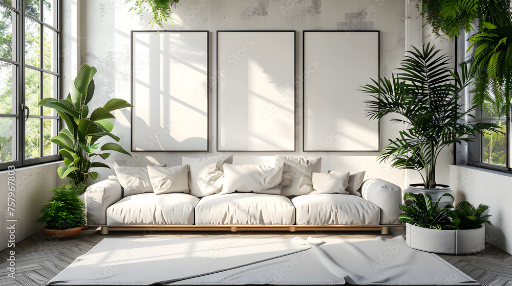 Wall mural set of 3 mockups empty, blank poster canva, inside a living room, beside the window, beautiful sunli