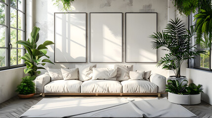 Set of 3 Mockups empty, blank poster canva, inside a living room, beside the window, beautiful sunlight