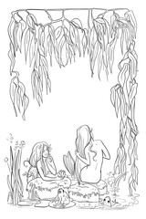Mermaid girls dream, mermaids swim in the pond, fairy pond with mermaids, illustration, for coloring