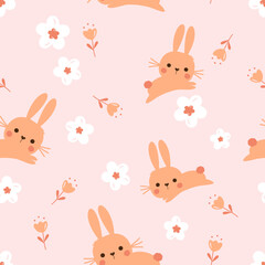 Seamless pattern with bunny rabbit cartoons, cute flower and tulip flower on pink background vector. 