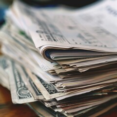 A Close-up View of a Pile of Newspapers and Currency Bills