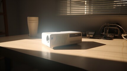 A White Projector Sitting on a Table 8K Realistic