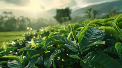 Green tea bud and leaves. Tea plantations. Tea leaves on a plantation - obrazy, fototapety, plakaty