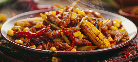 A plate of fried bamboo shoots with corn kernels and meat, with a spicy aroma